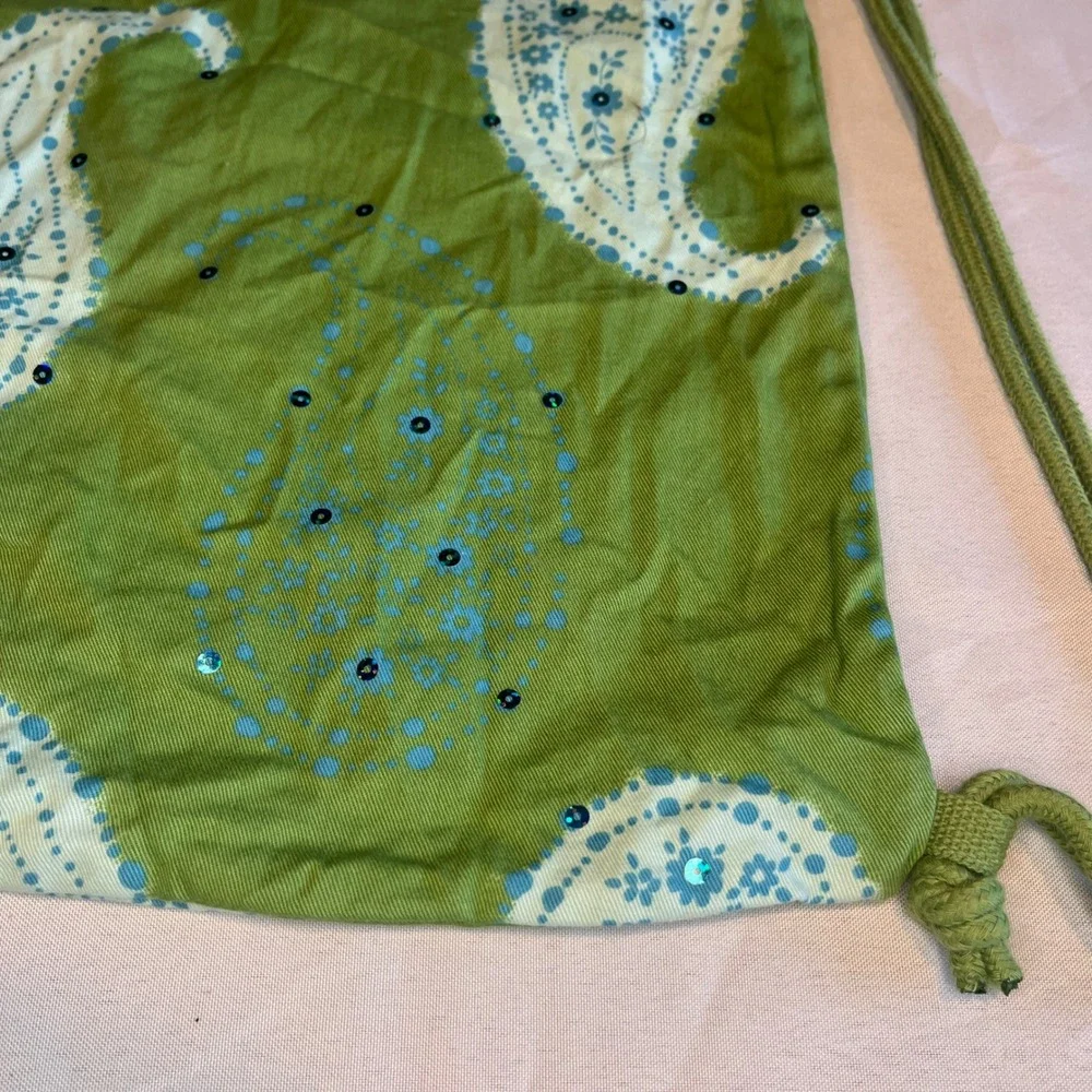 Old Navy Green Paisley Sequin Drawstring Backpack Cinch Bag One Size Y2K Fairy